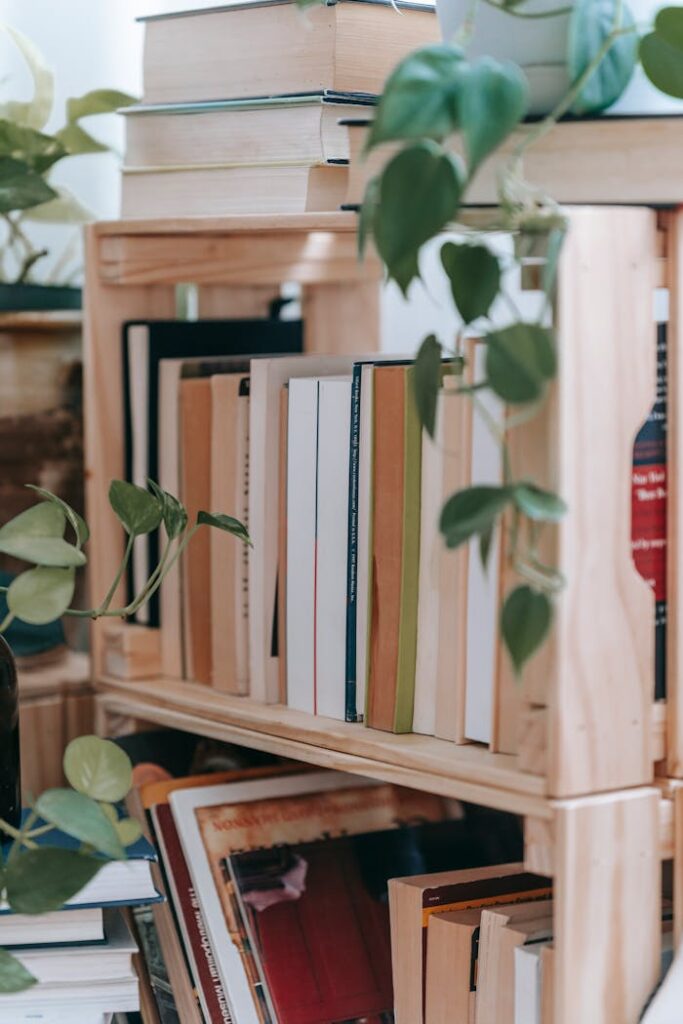 Stack of books on shelves at home